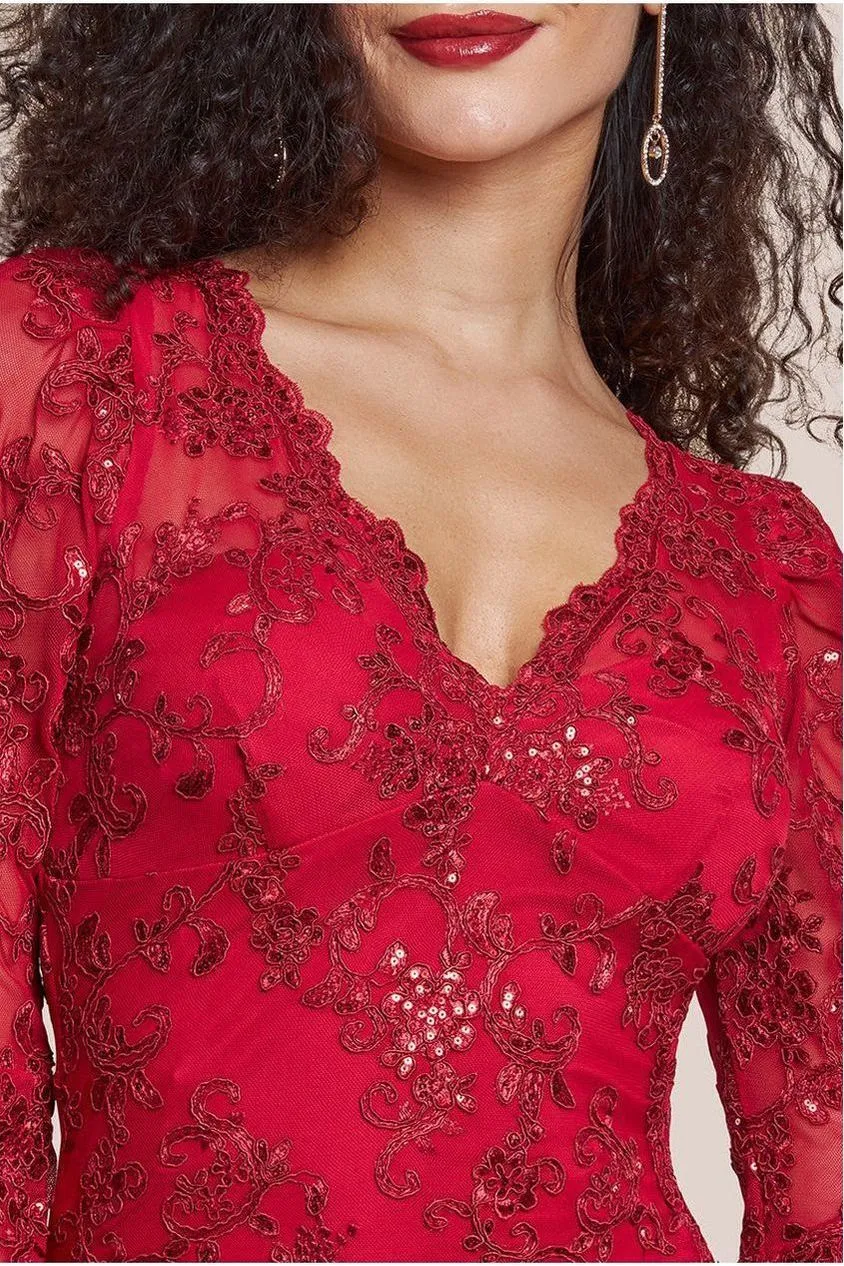 Goddiva Scalloped Lace abito maxi rosso in pizzo