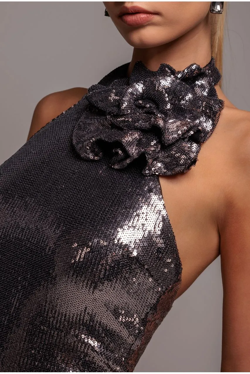 Goddiva Liquid Sequin Halterneck abito mini argento paillettes