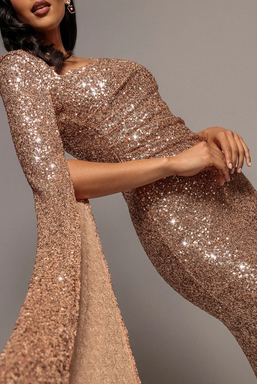Goddiva abito maxi champagne mantella paillettes sirena
