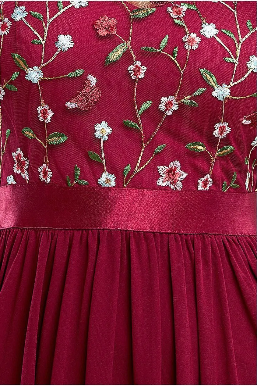 Goddiva Embroidered Top DR3799 abito maxi bordeaux ricamato