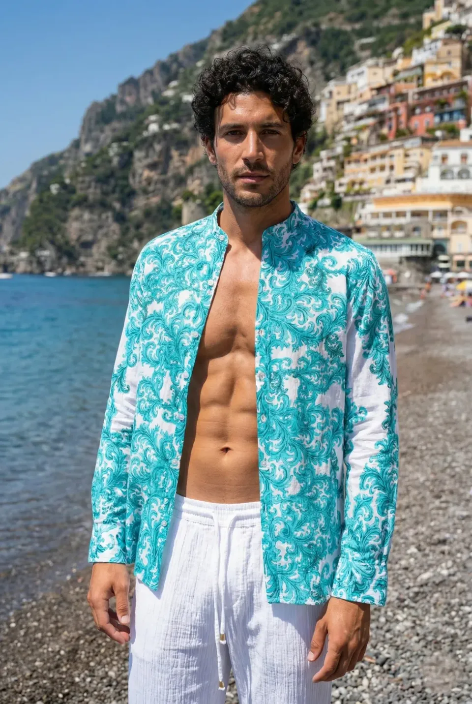 Antica Sartoria Coreana FV065 camicia turchese ricamata