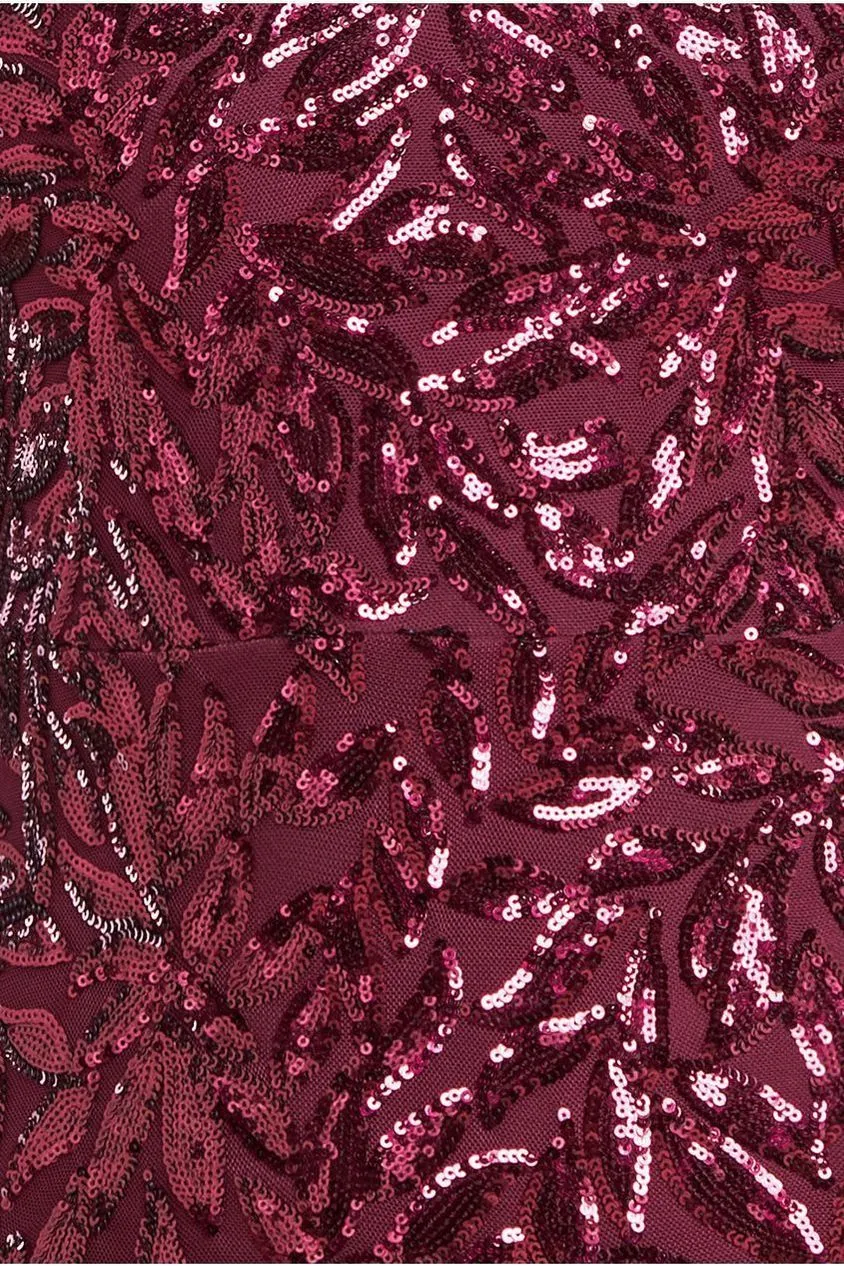 Goddiva Sequin Leaf abito maxi bordeaux maniche lunghe elegante