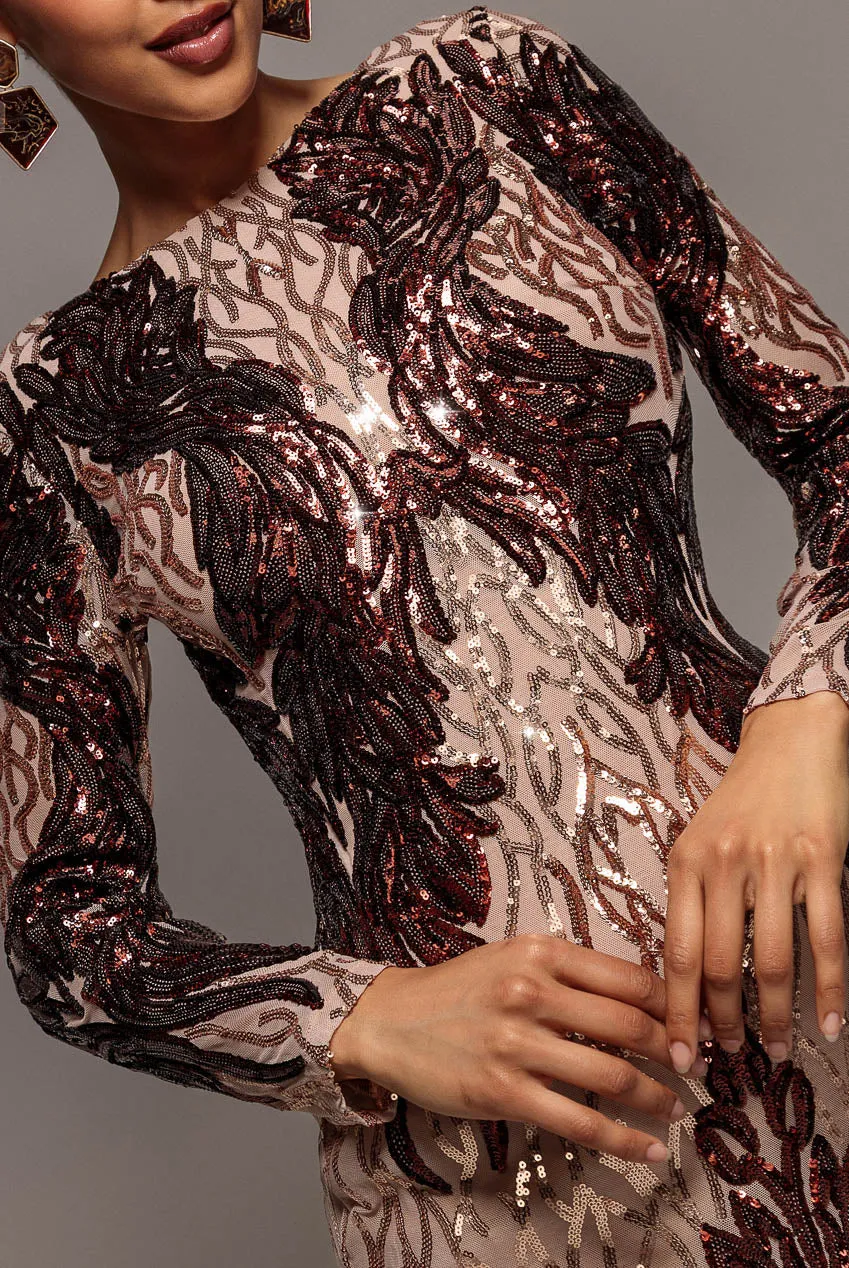 Goddiva Boat Neck Full Sleeve Sequin Midi abito champagne paillettes