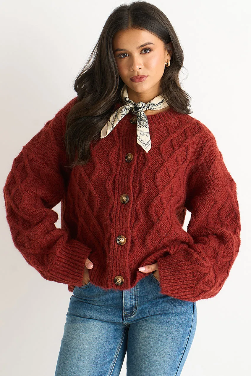 Gini London Cardigan Ruggine a Trecce Lavoro a Maglia S/M