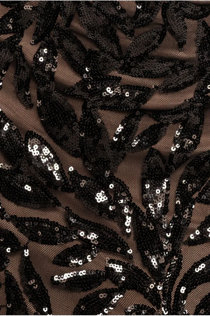 Goddiva Sequin Leaf Long Sleeve abito lungo nero paillettes foglie