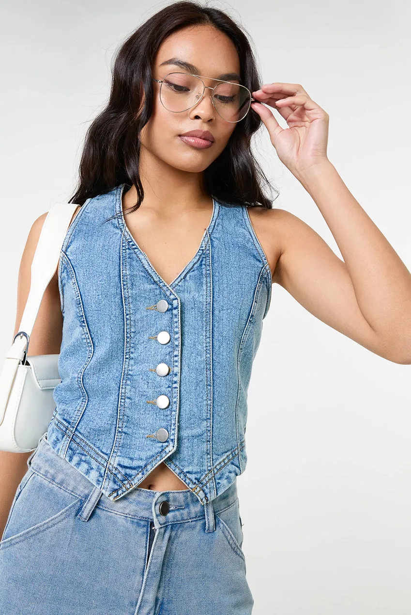 Pink Vanilla Denim gilet denim blu bottoni cotone