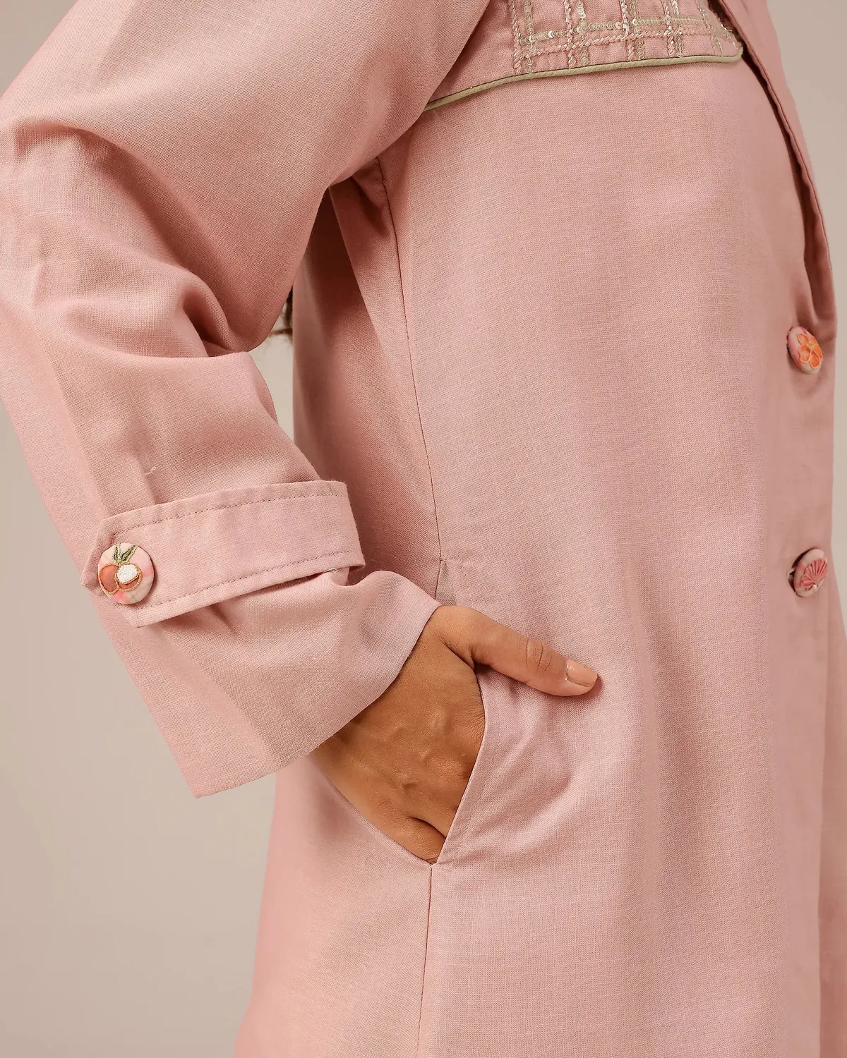 Our Dve Melon Muse giacca rosa lino lunga