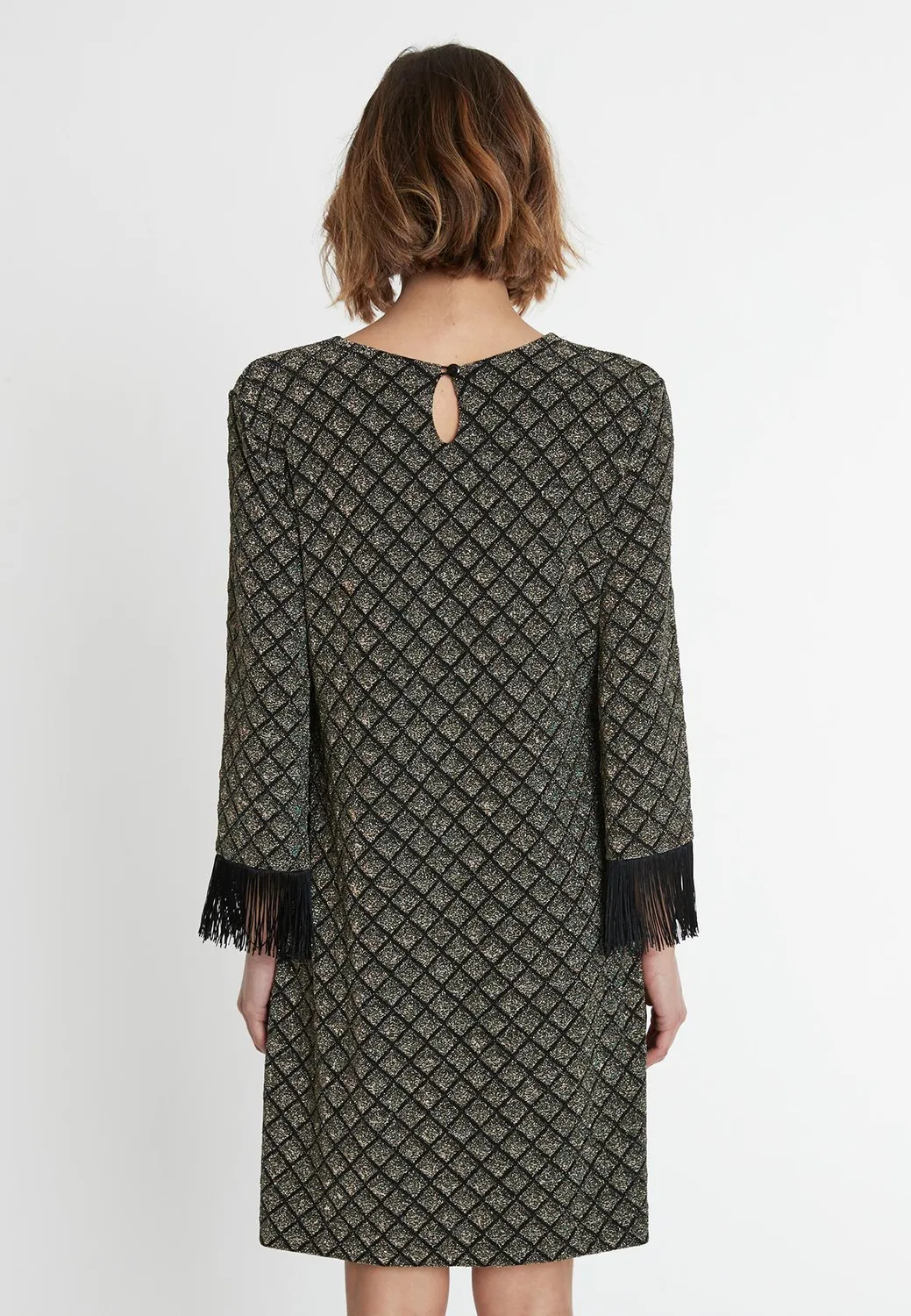 Ana Alcazar Sakary abito frange nero oro lurex