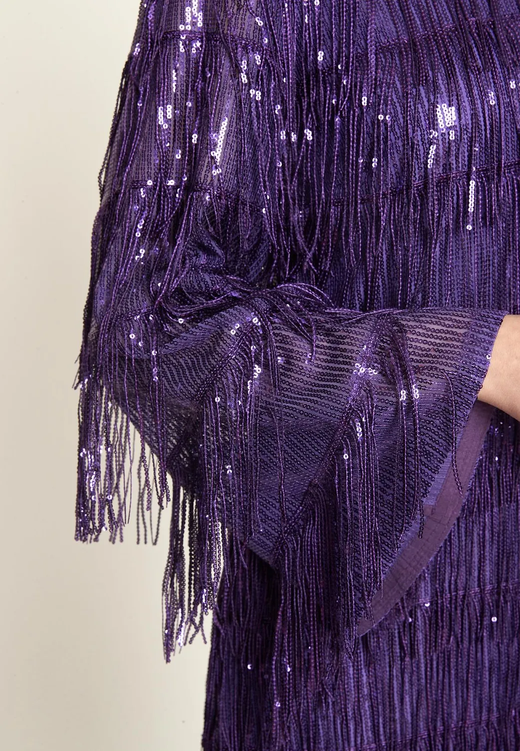 Ana Alcazar Oawa abito cocktail viola paillettes frange