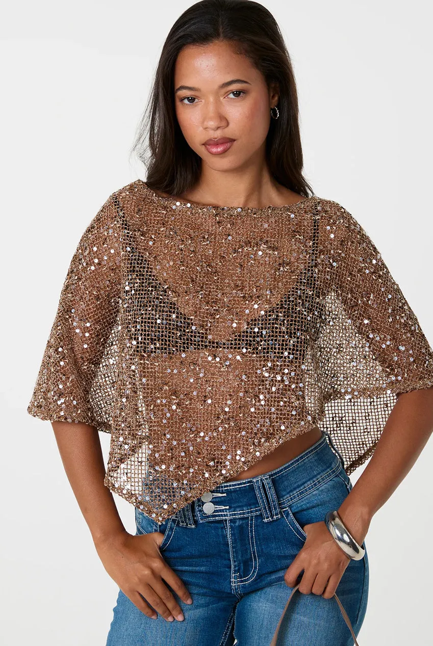 Pink Vanilla Sequin Knit Cape mantella beige paillettes