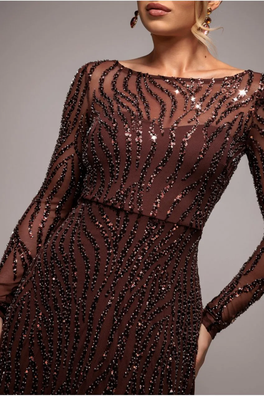 Goddiva Ombre abito maxi paillettes marrone