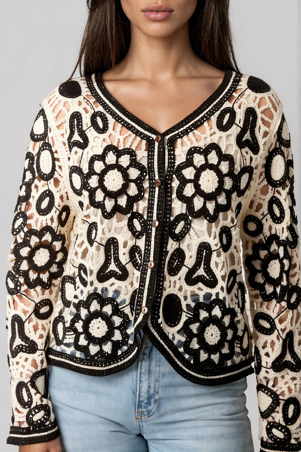 Aftershock London Black Floral Crochet cardigan nero panna S/M