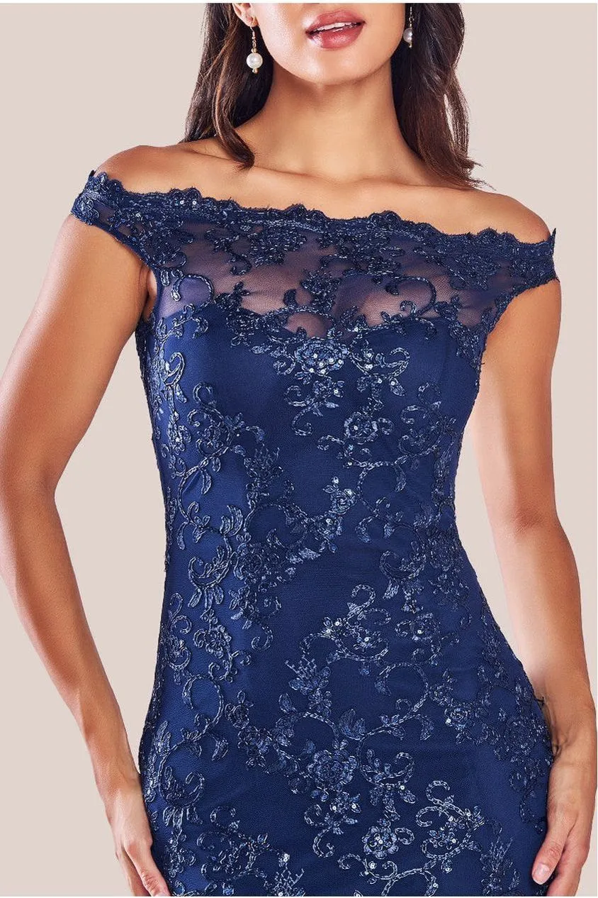 Goddiva Lace abito maxi navy pizzo spalle scoperte sirena