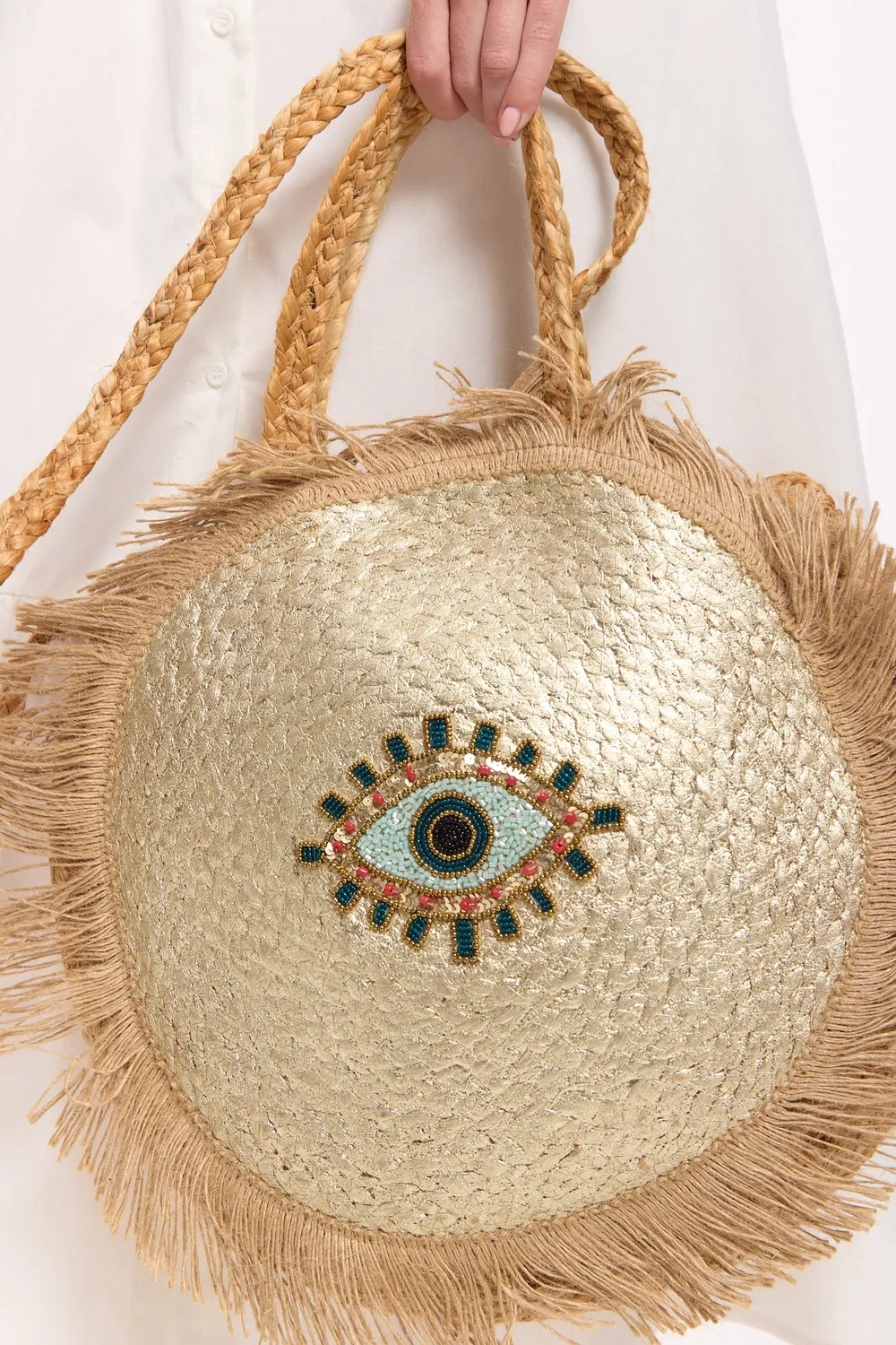 Liquorish Evil Eye borsa juta naturale rotonda