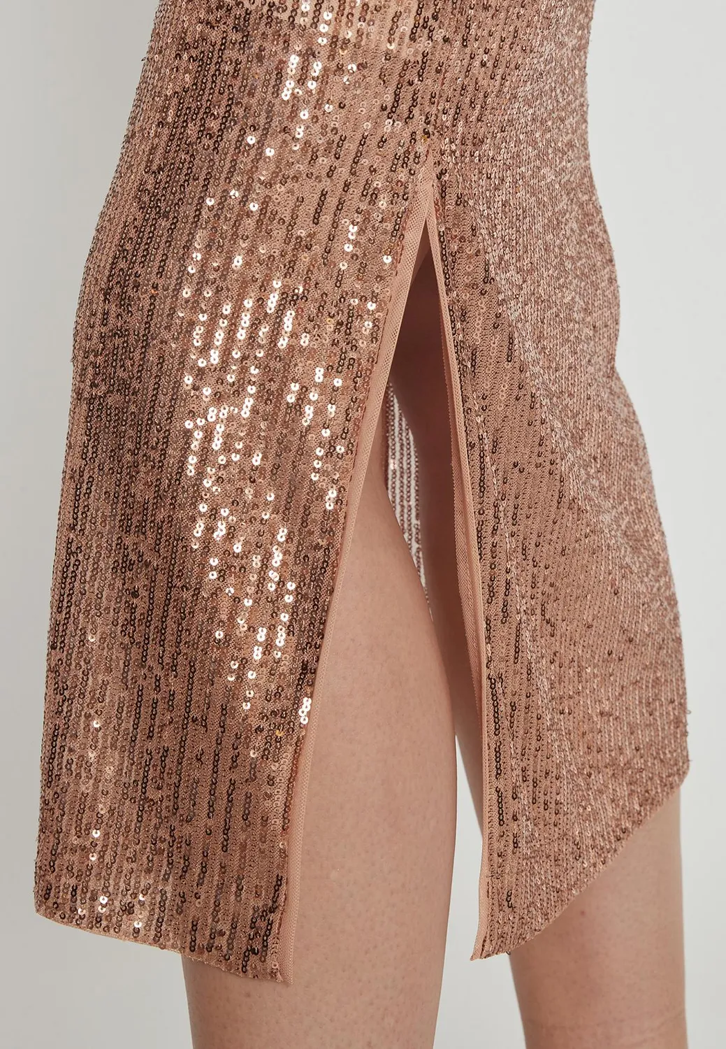 Ana Alcazar Paasy abito midi paillettes rame oro aderente