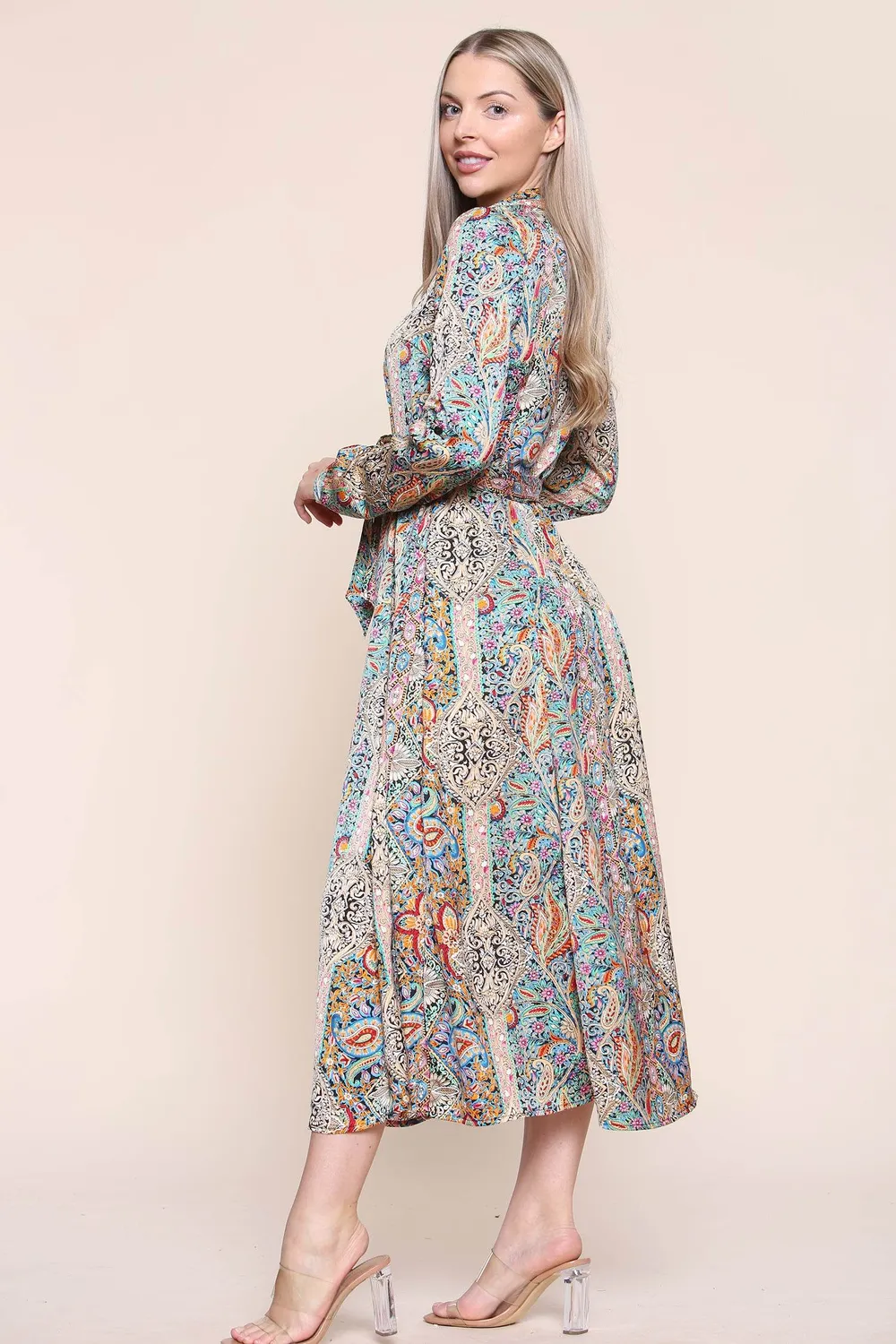 Love Sunshine Paisley abito maxi verde manica lunga fantasia