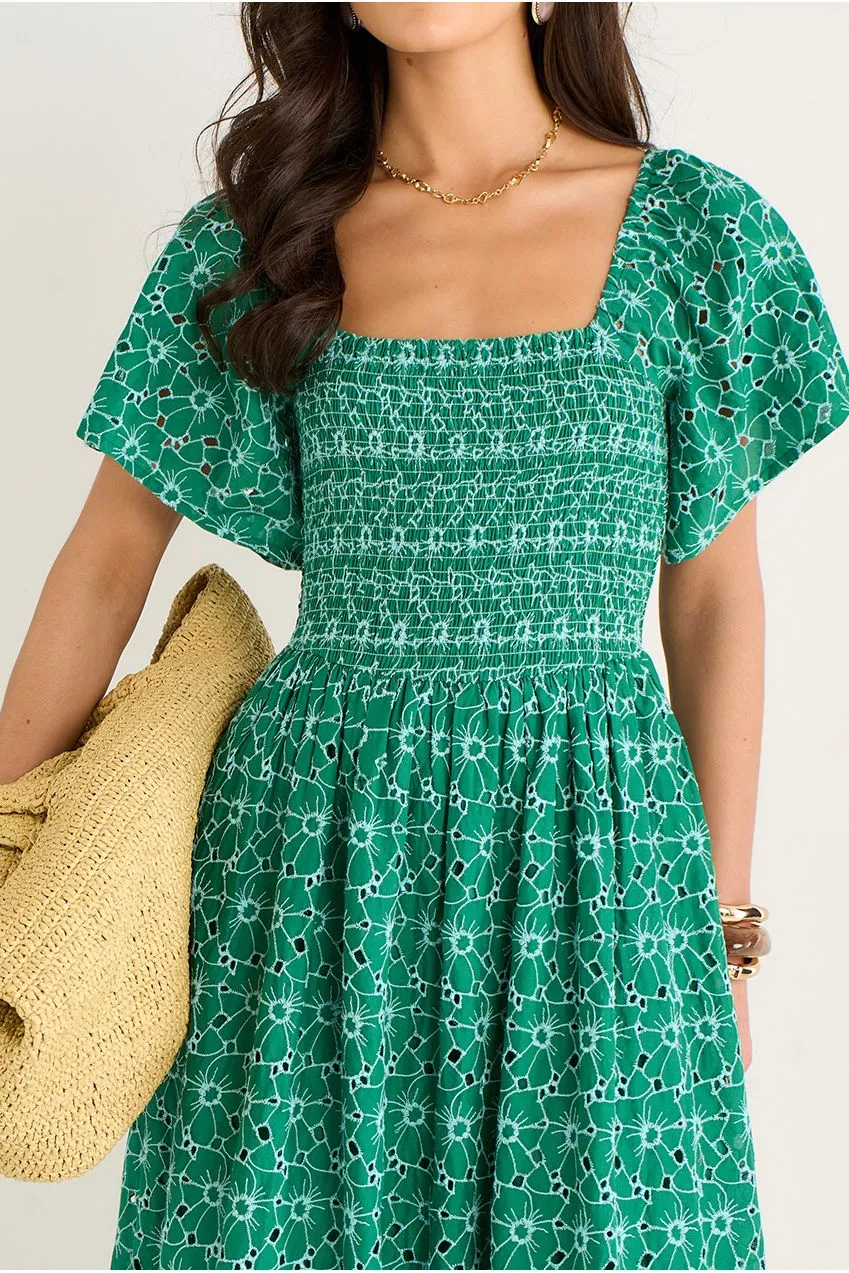 Gini London Shirred abito midi verde broderie fiori