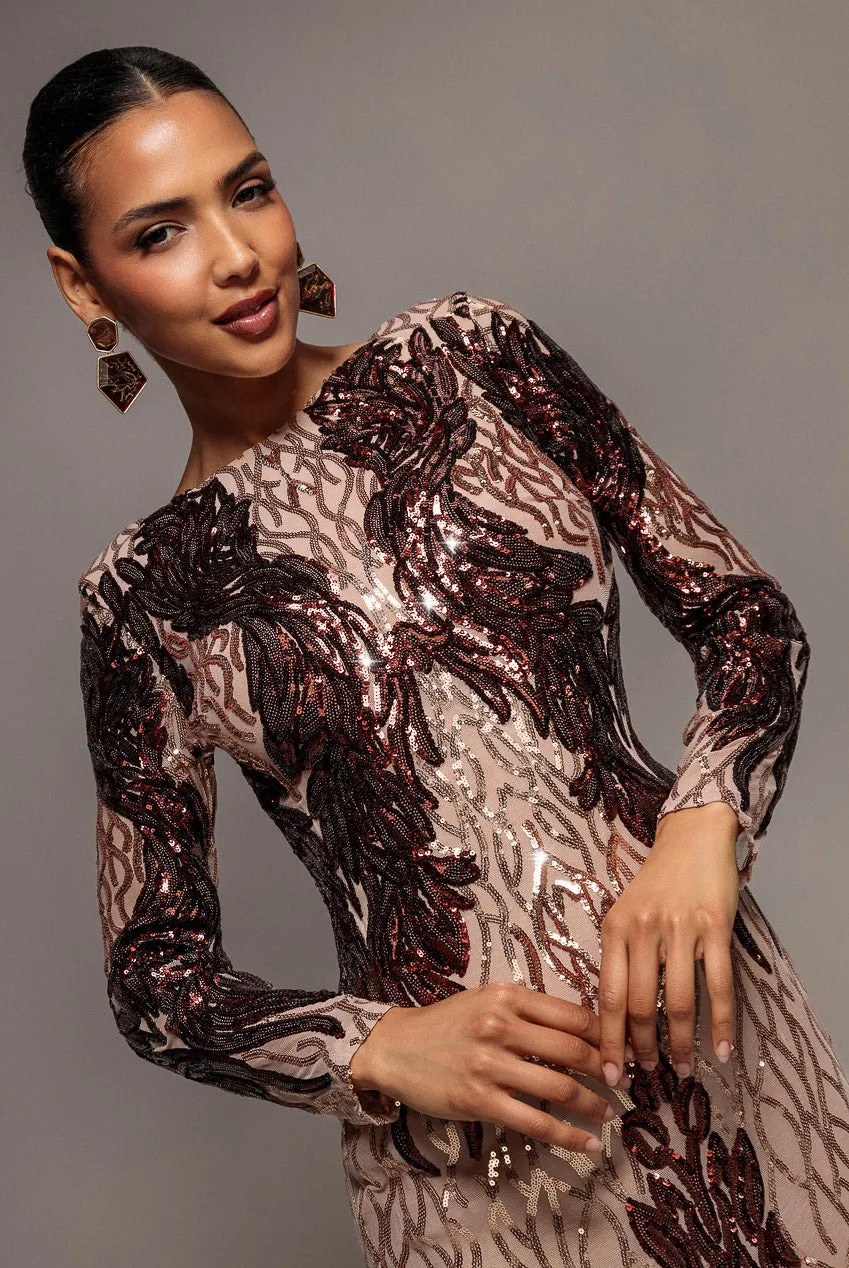 Goddiva Boat Neck Full Sleeve Sequin Midi abito champagne paillettes