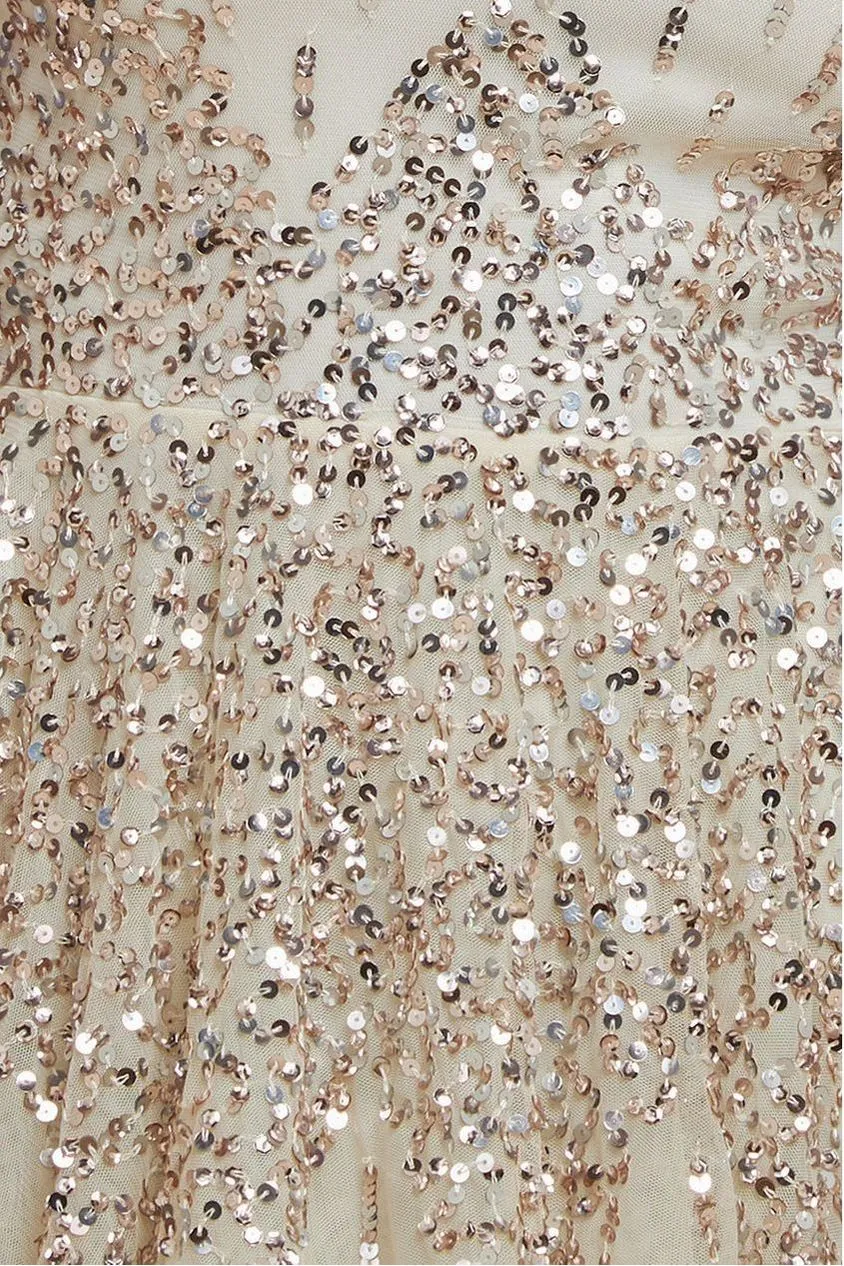 Goddiva Sunray abito lungo paillettes avorio