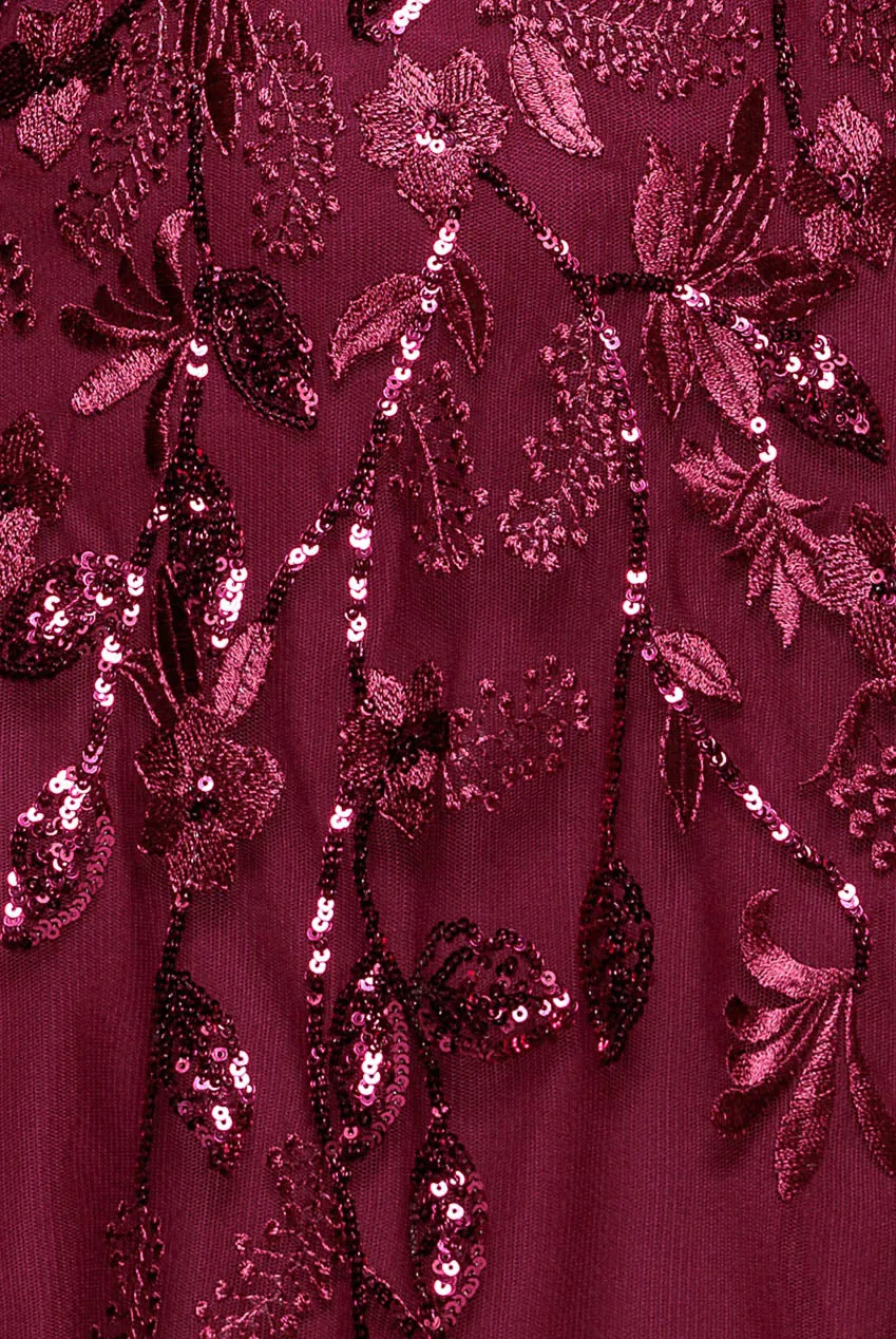 Goddiva DR3279 abito maxi ricamato magenta maniche a volant