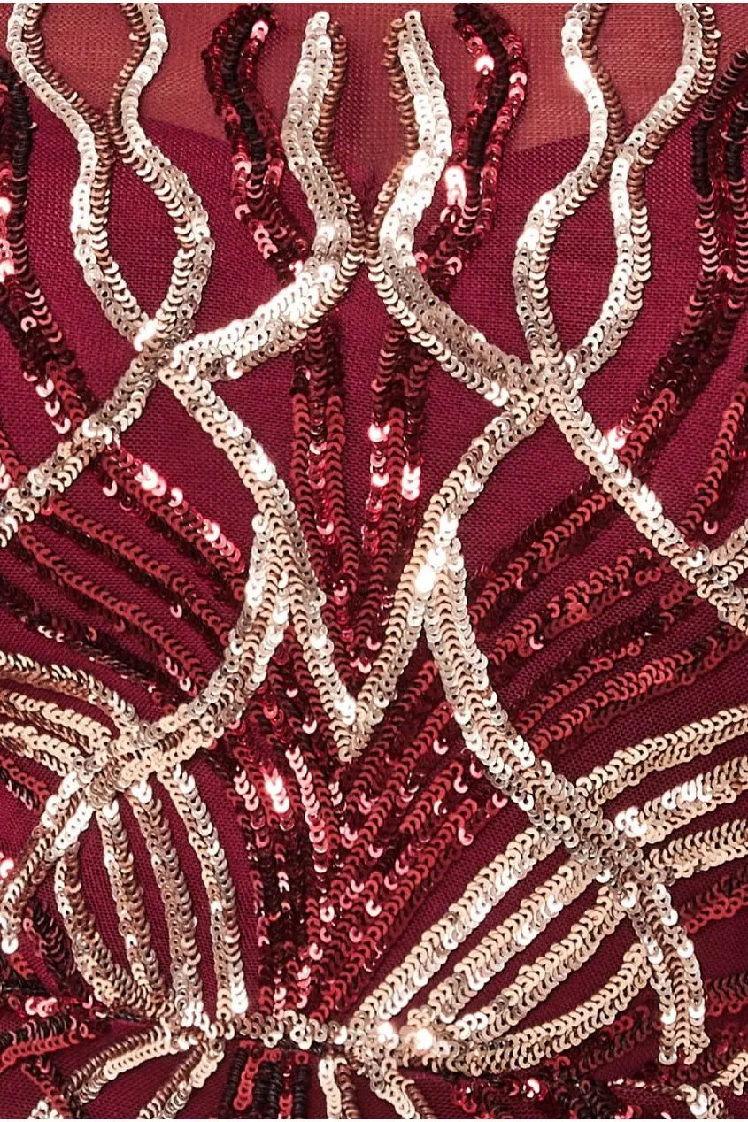 Goddiva Sequin Flame abito midi paillettes vino maniche lunghe