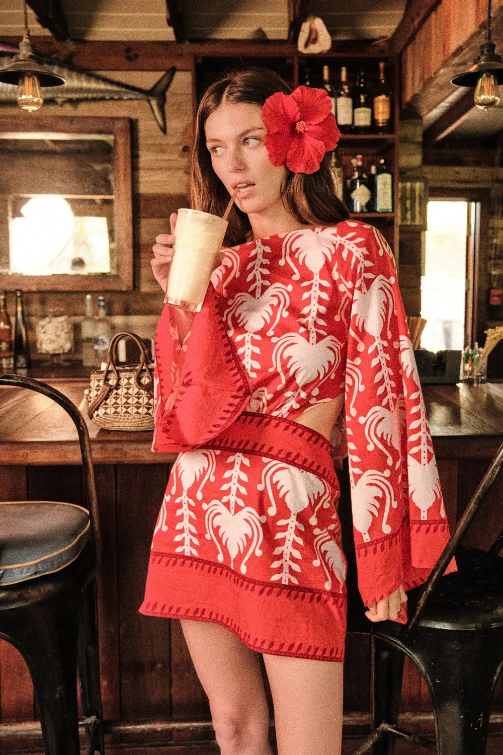 Johanna Ortiz Words Of Wisdom mini abito cotone rosso cut-out