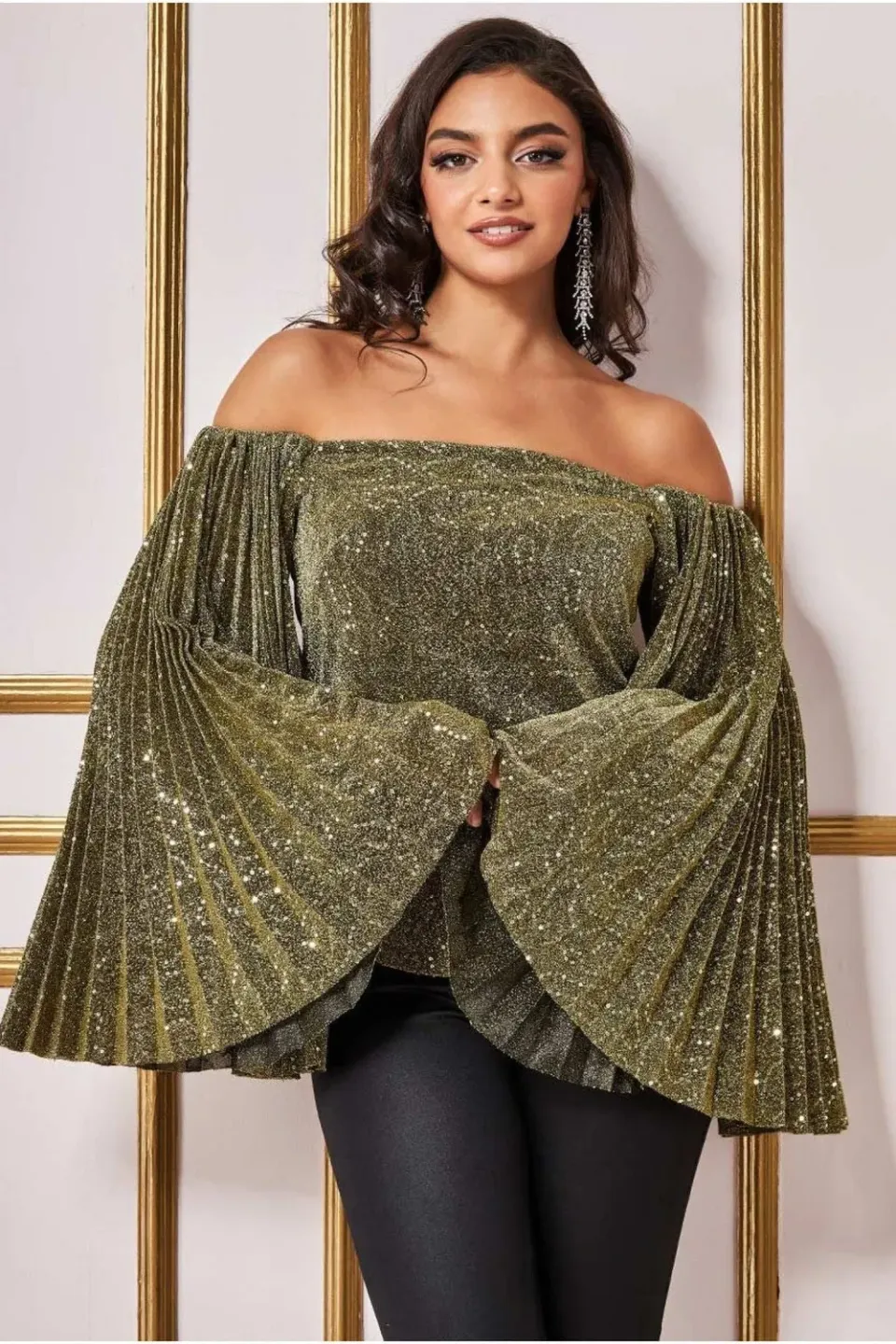Goddiva Bardot Sequin Lurex top oro manica lunga paillettes