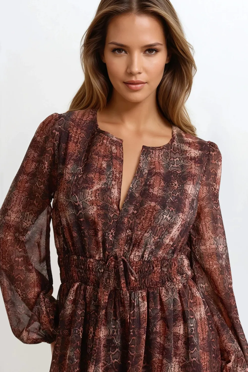 Aftershock Snake Print abito midi marrone maniche lunghe
