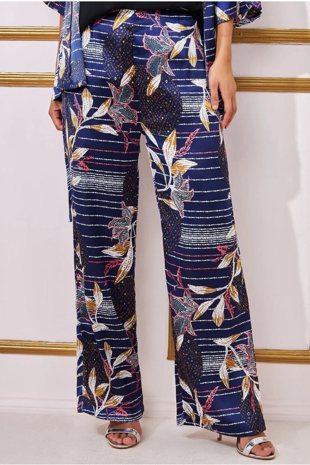 Goddiva Satin pantalone palazzo fantasia navy
