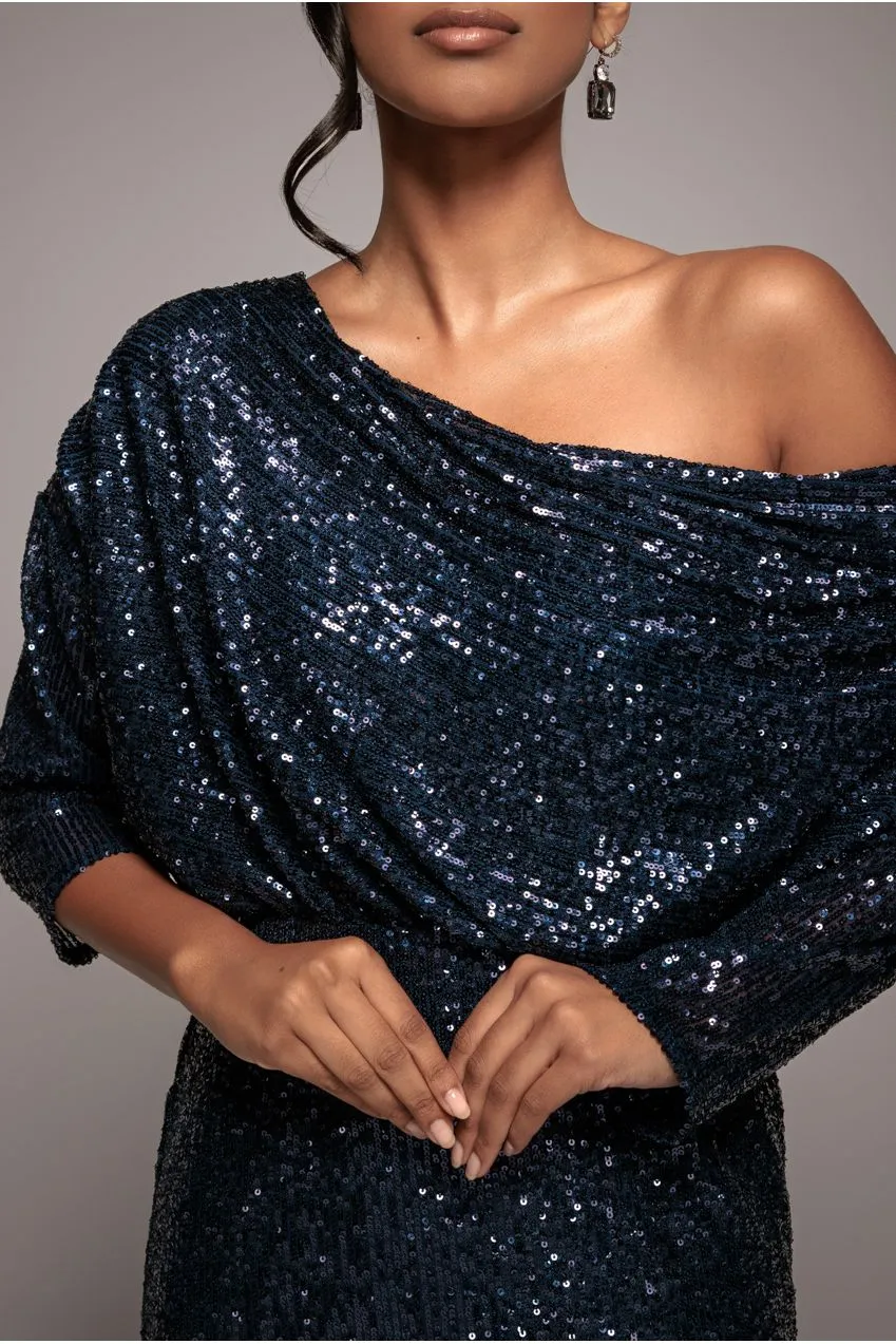 Goddiva Sequin Cowl DR3321 abito midi blu navy