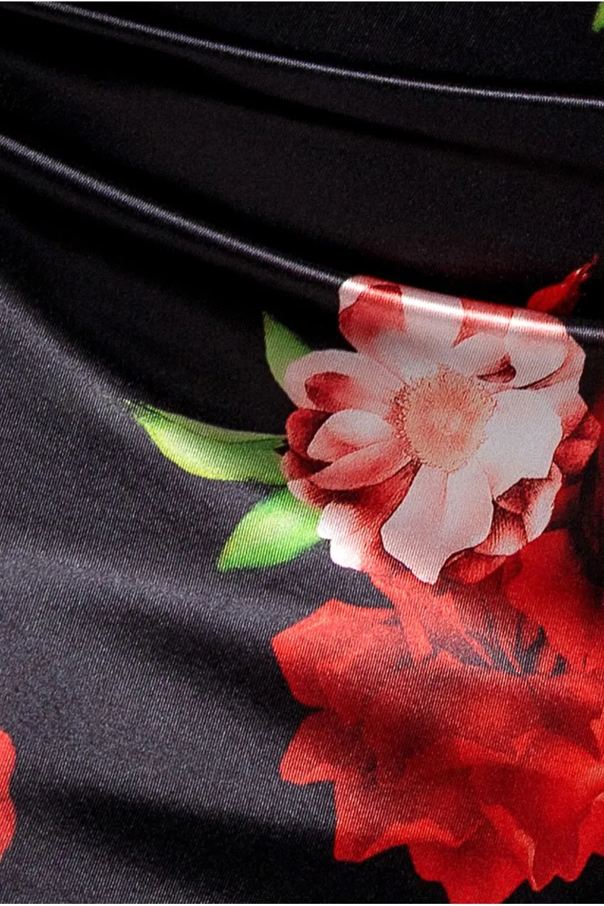 Goddiva Floral Satin Cowl abito lungo nero satin fiori scollo drappeggiato