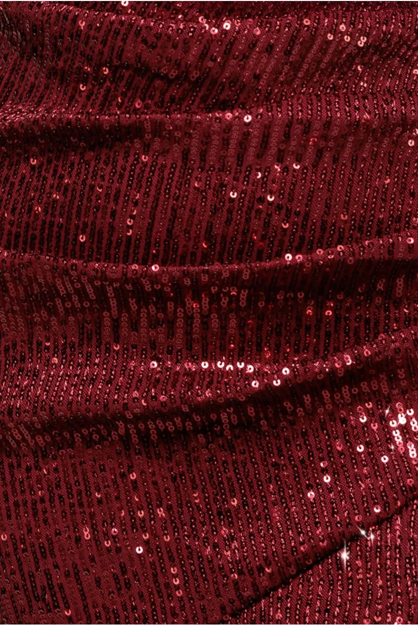 Goddiva Bardot Sequin Abito Lungo Vino Paillettes Spacco