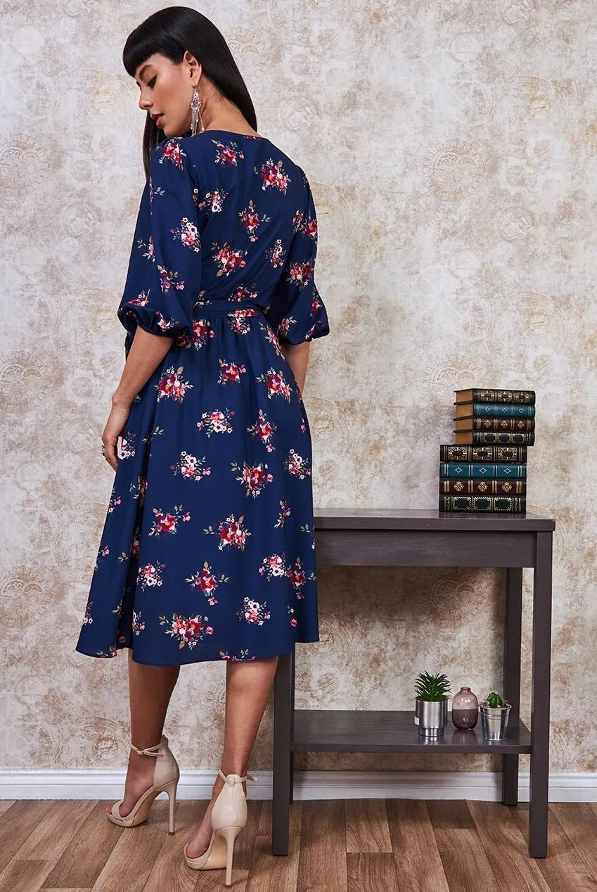 Goddiva DR3299 Wrap Floral abito midi navy 12