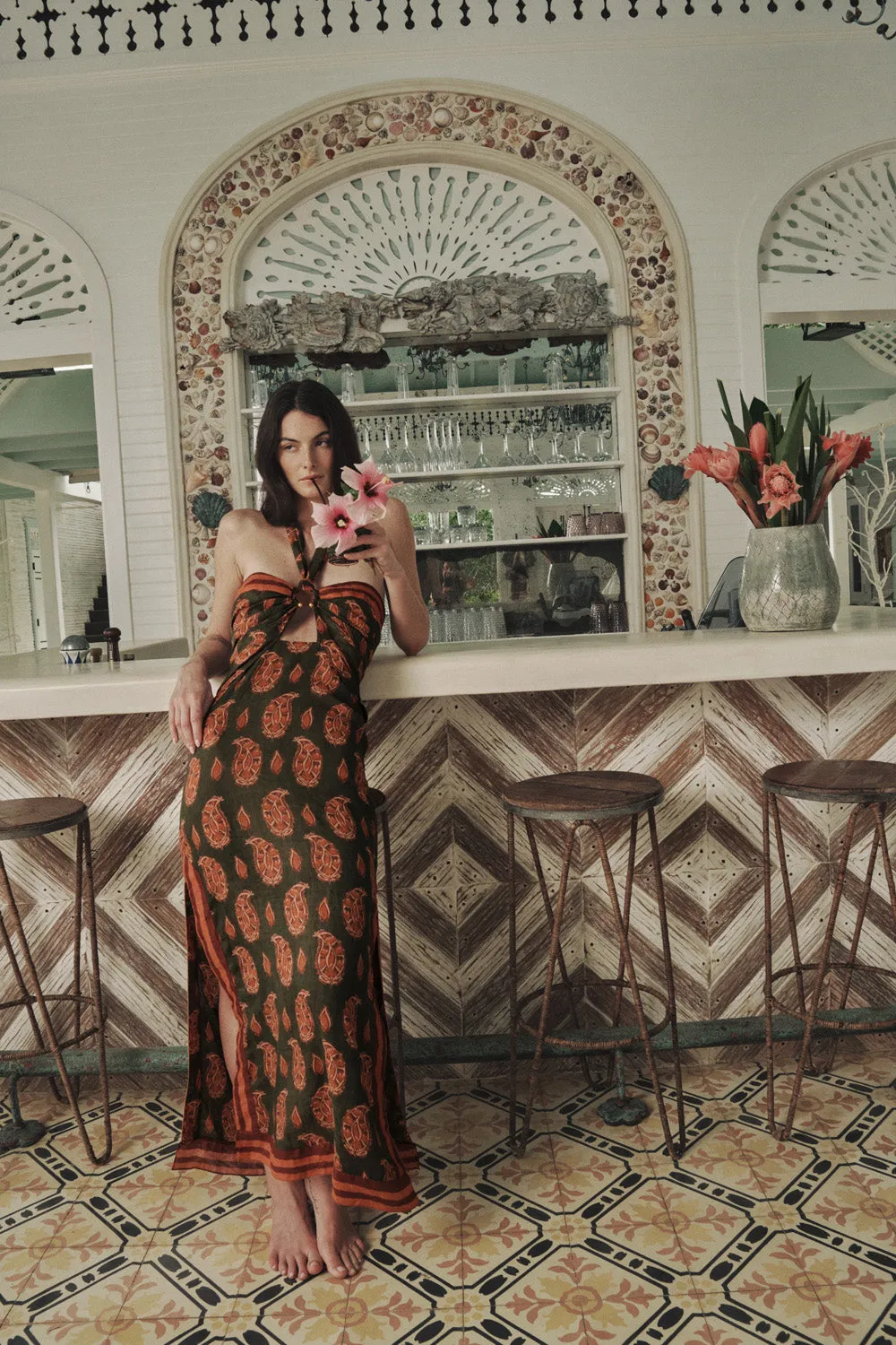 Johanna Ortiz Desert Heart abito lino verde rosa