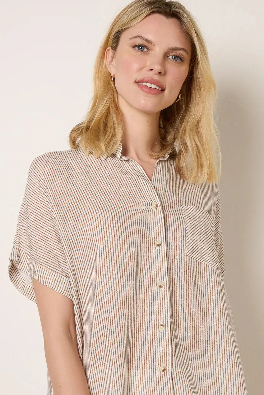 Blue Vanilla Stripe Camicia Taupe Bottoni Manica Corta