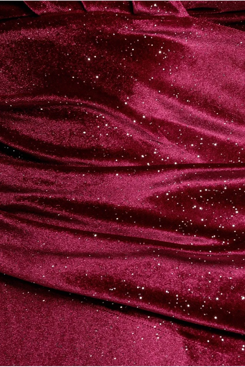Goddiva Bardot abito lungo vino velluto shimmer sirena