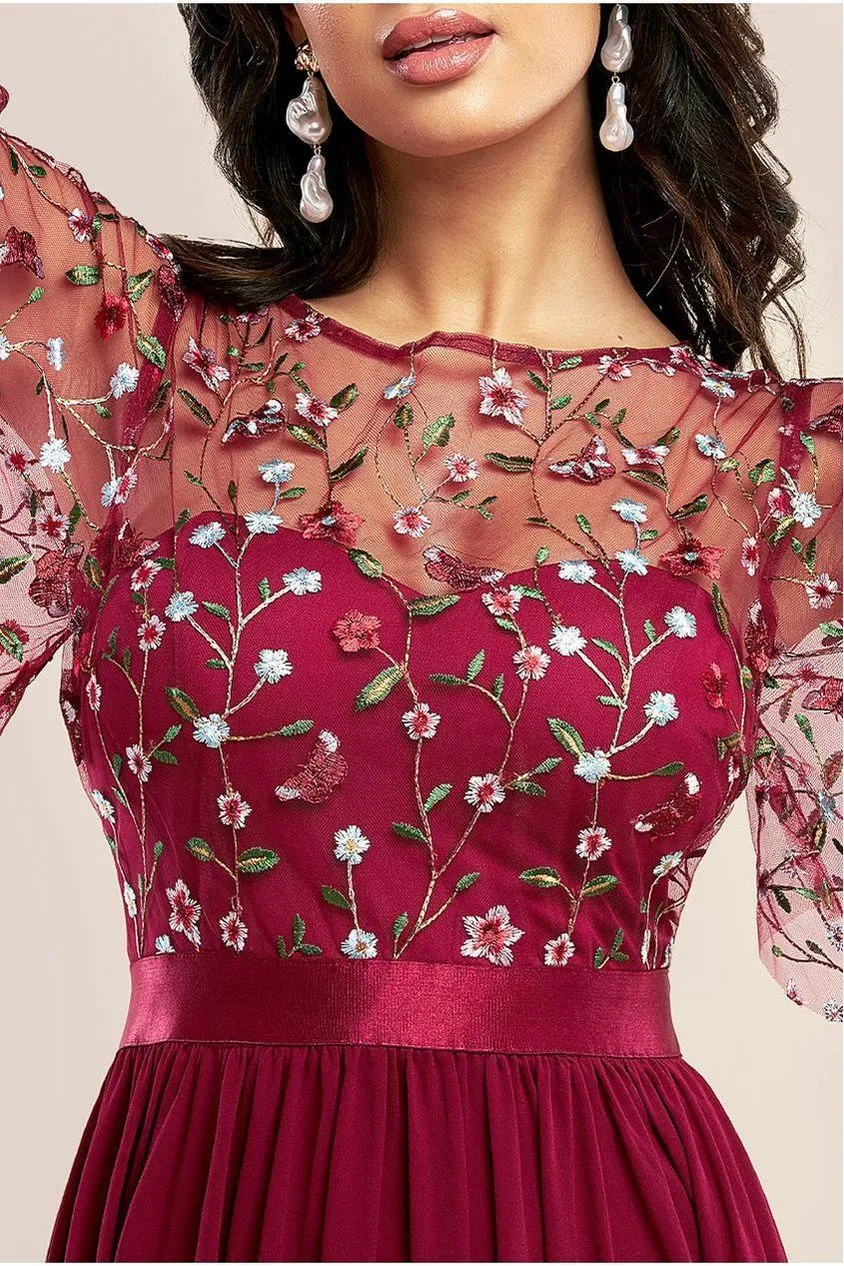Goddiva Embroidered Top DR3799 abito maxi bordeaux ricamato