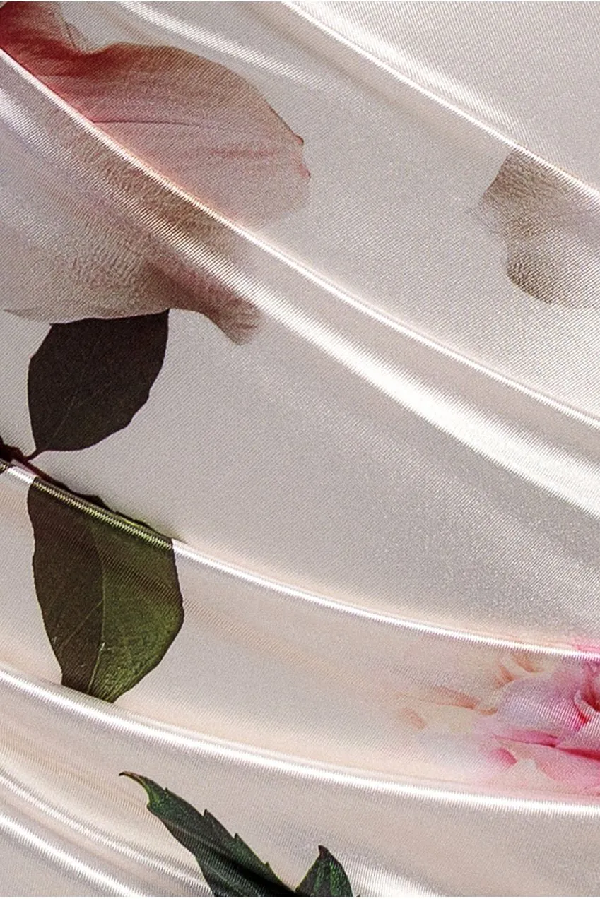 Goddiva Floral Print Satin Abito Maxi Crema Floreale