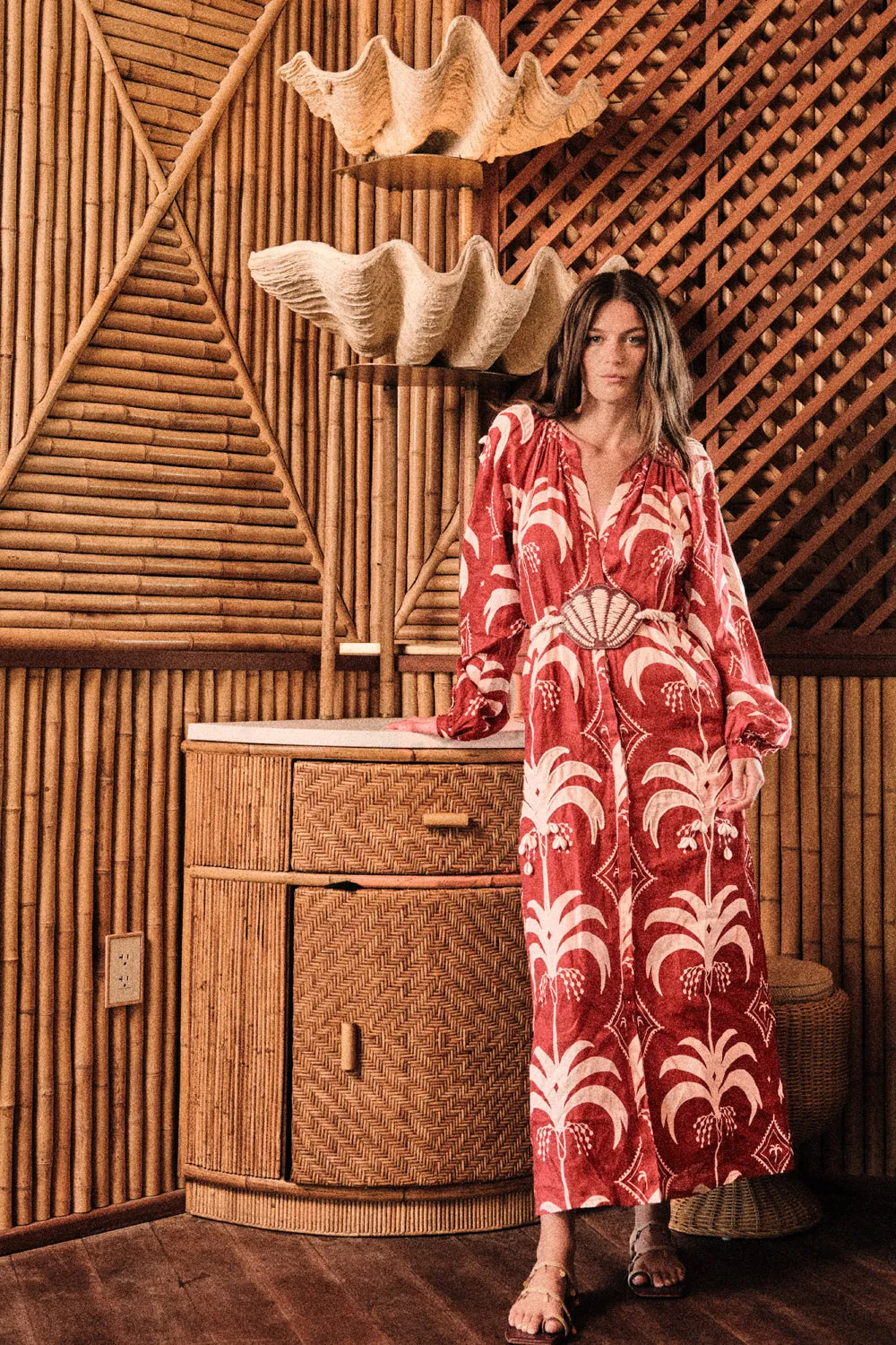 Johanna Ortiz Weaving Waves abito midi lino ciliegia