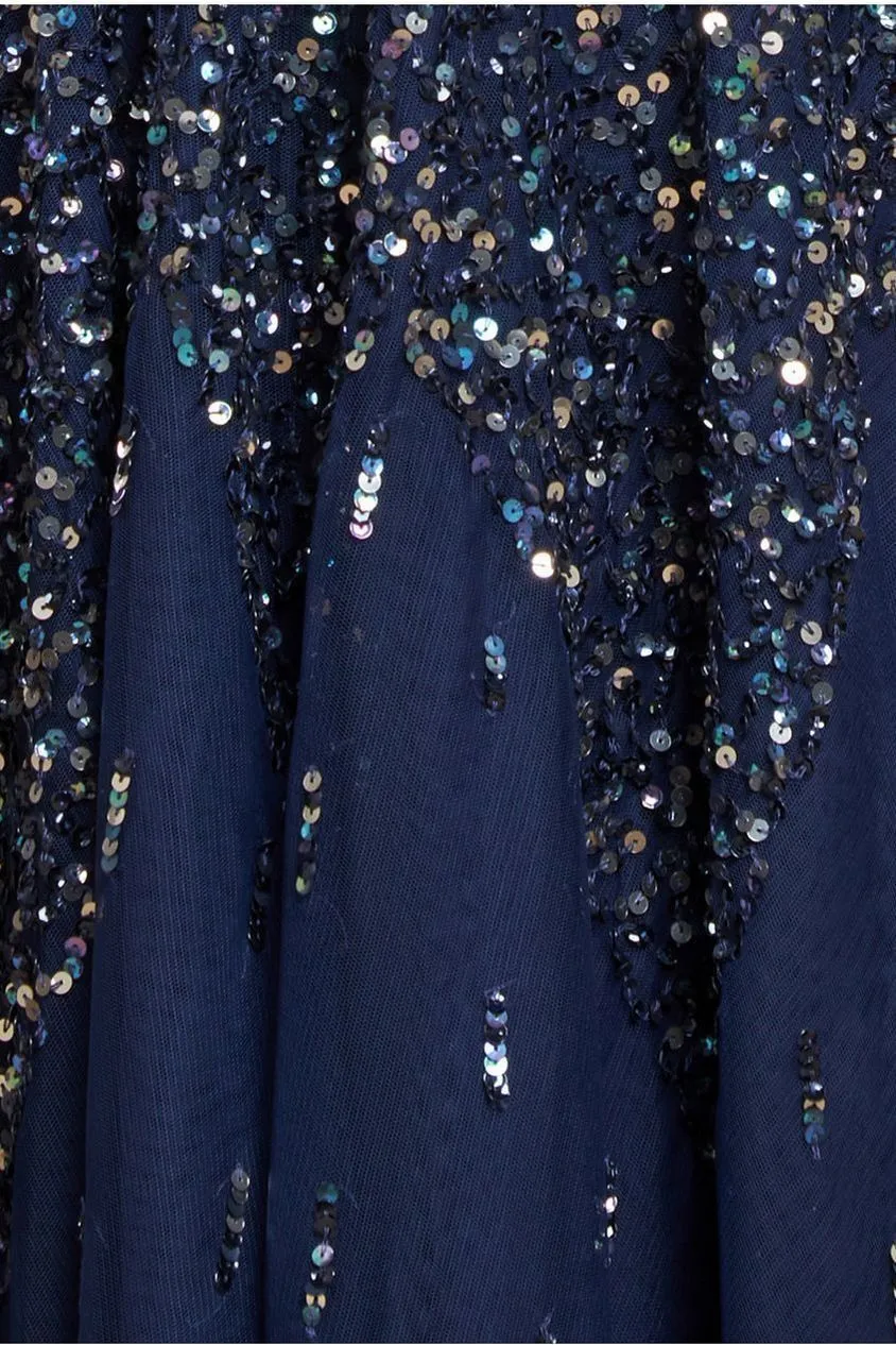 Goddiva Sunray abito maxi blu navy paillettes scollo V