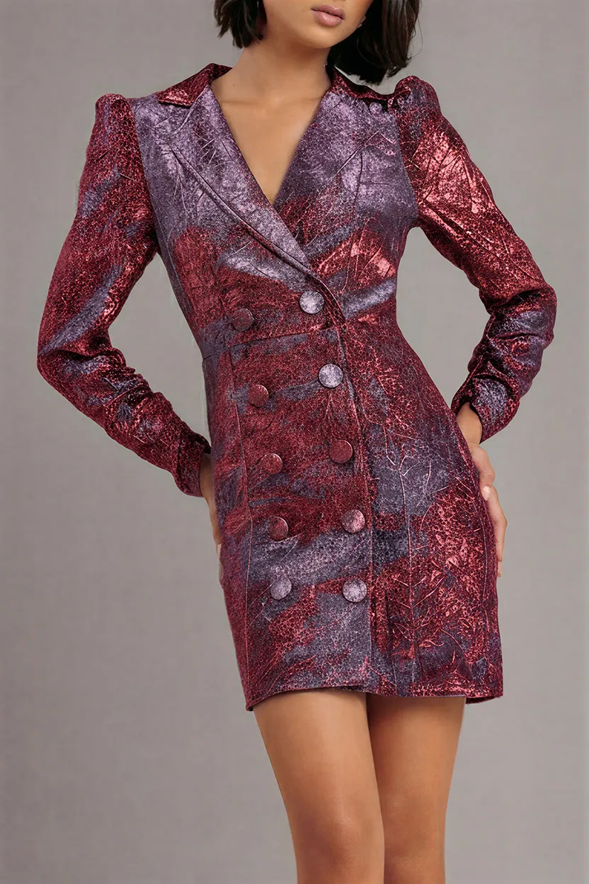 Goddiva Iridescent Foil Print Abito Blazer Bordeaux mini