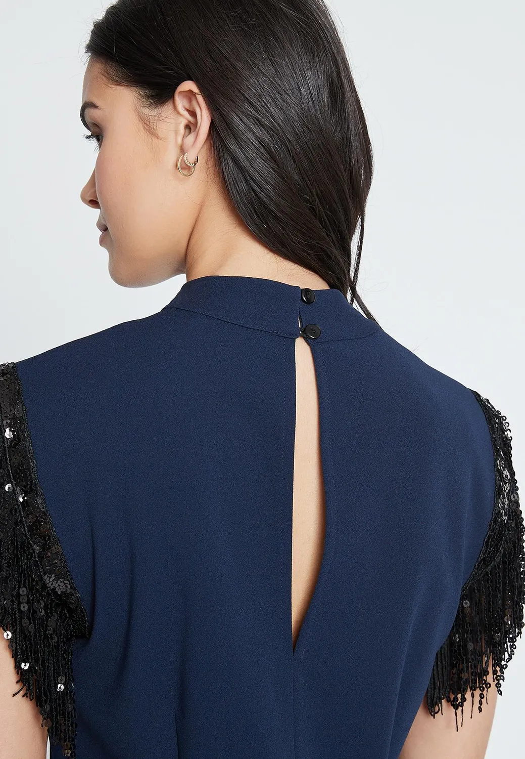 Ana Alcazar Imolys abito festa blu frange paillettes
