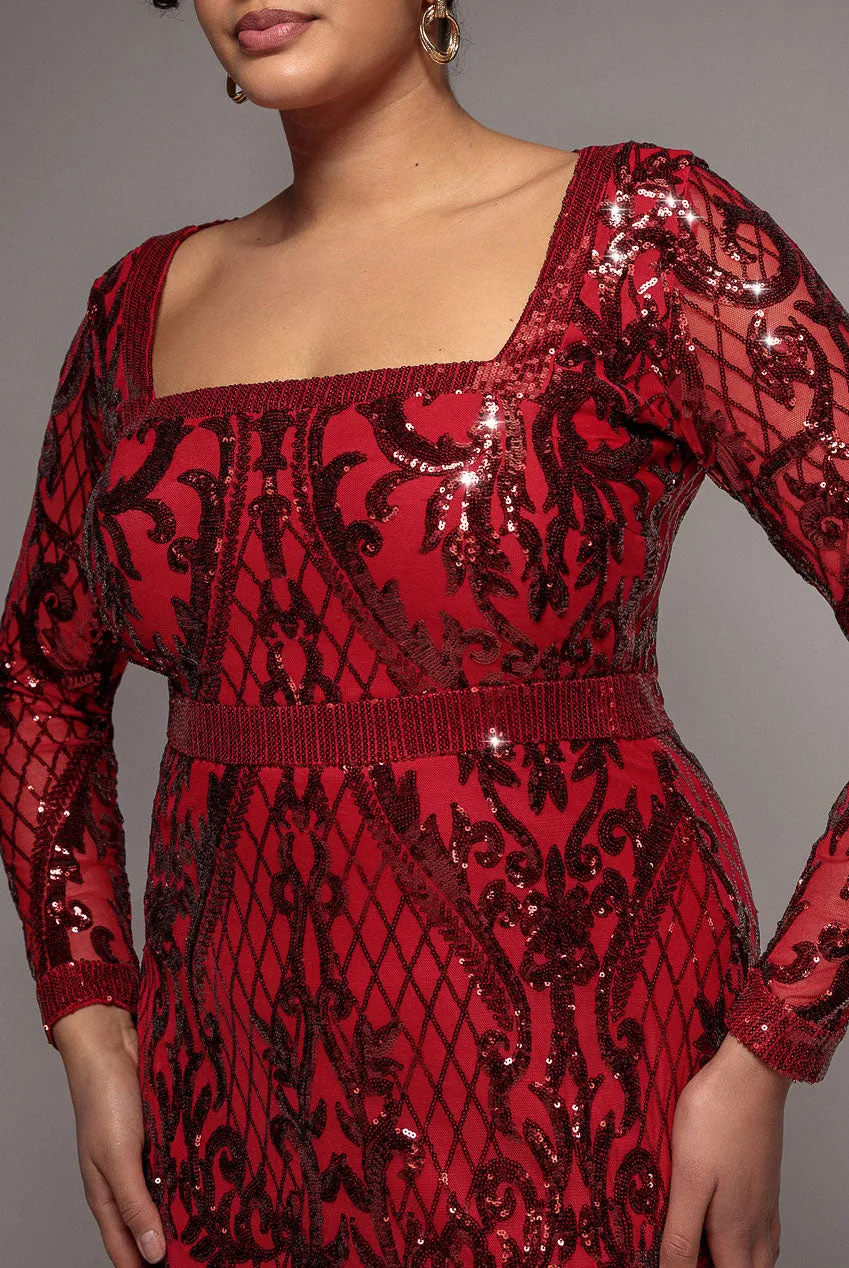 Goddiva Plus DR4038 Abito Maxi Rosso Pizzo Scollo Quadrato