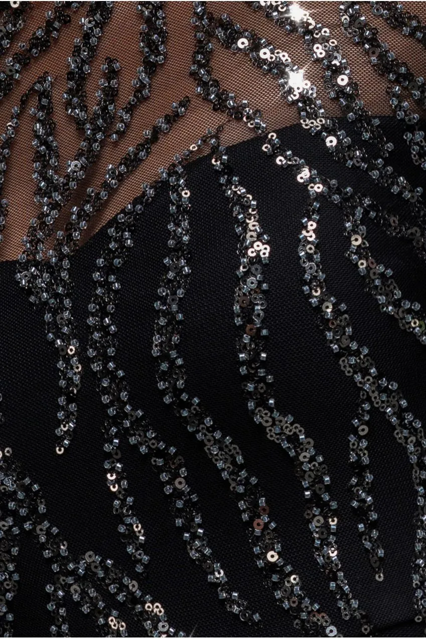 Goddiva Ombre Sequin Beaded Abito Lungo Nero Paillettes