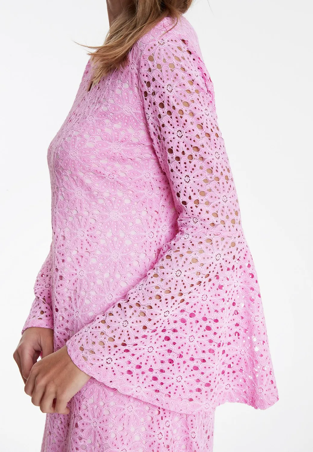 Ana Alcazar Wafia tunica pizzo rosa maniche tromba