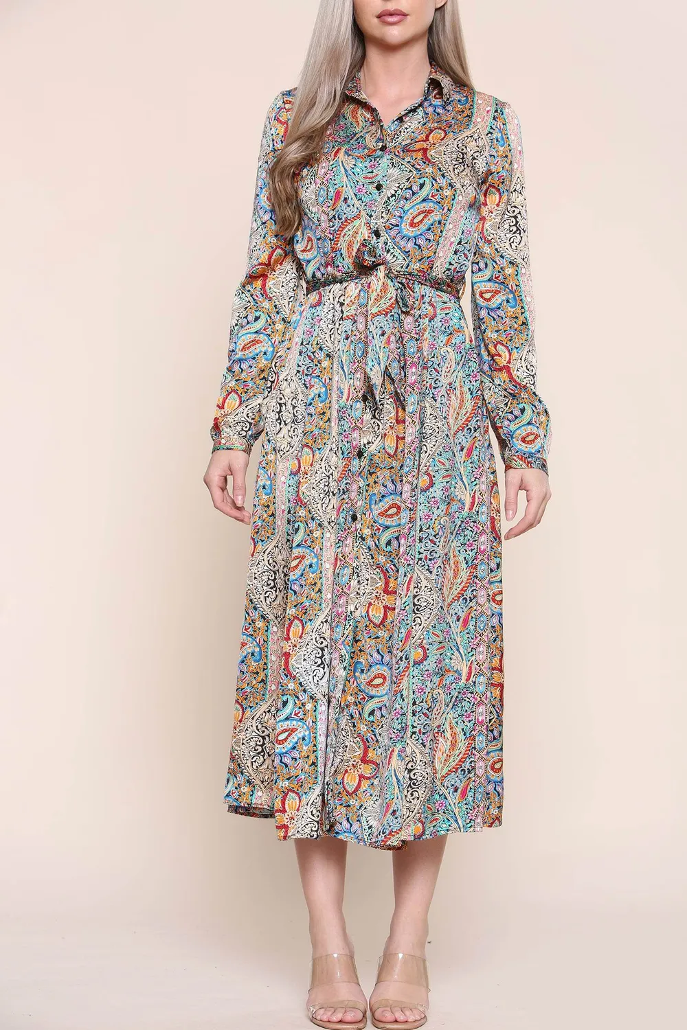Love Sunshine Paisley abito maxi verde manica lunga fantasia