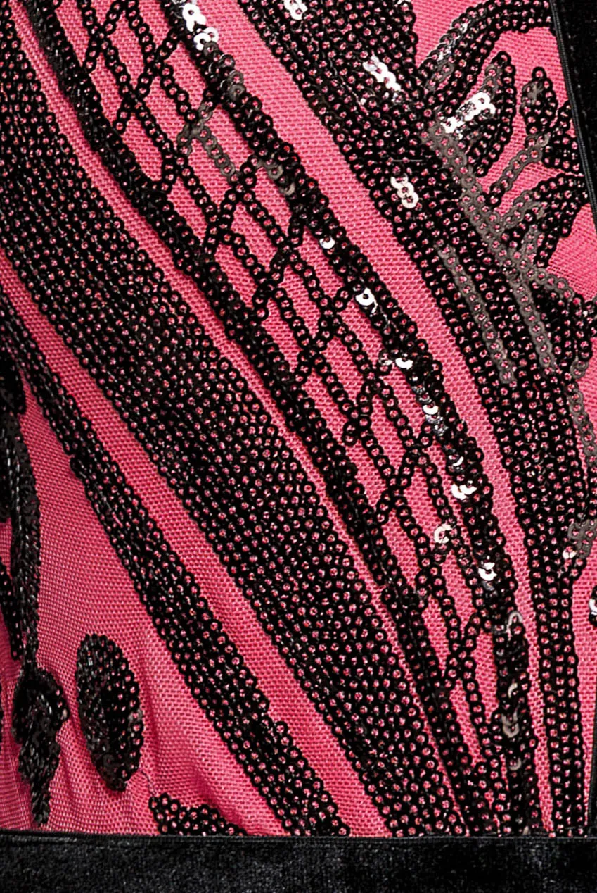 Goddiva Deep V Neck tuta cerise paillettes maniche lunghe