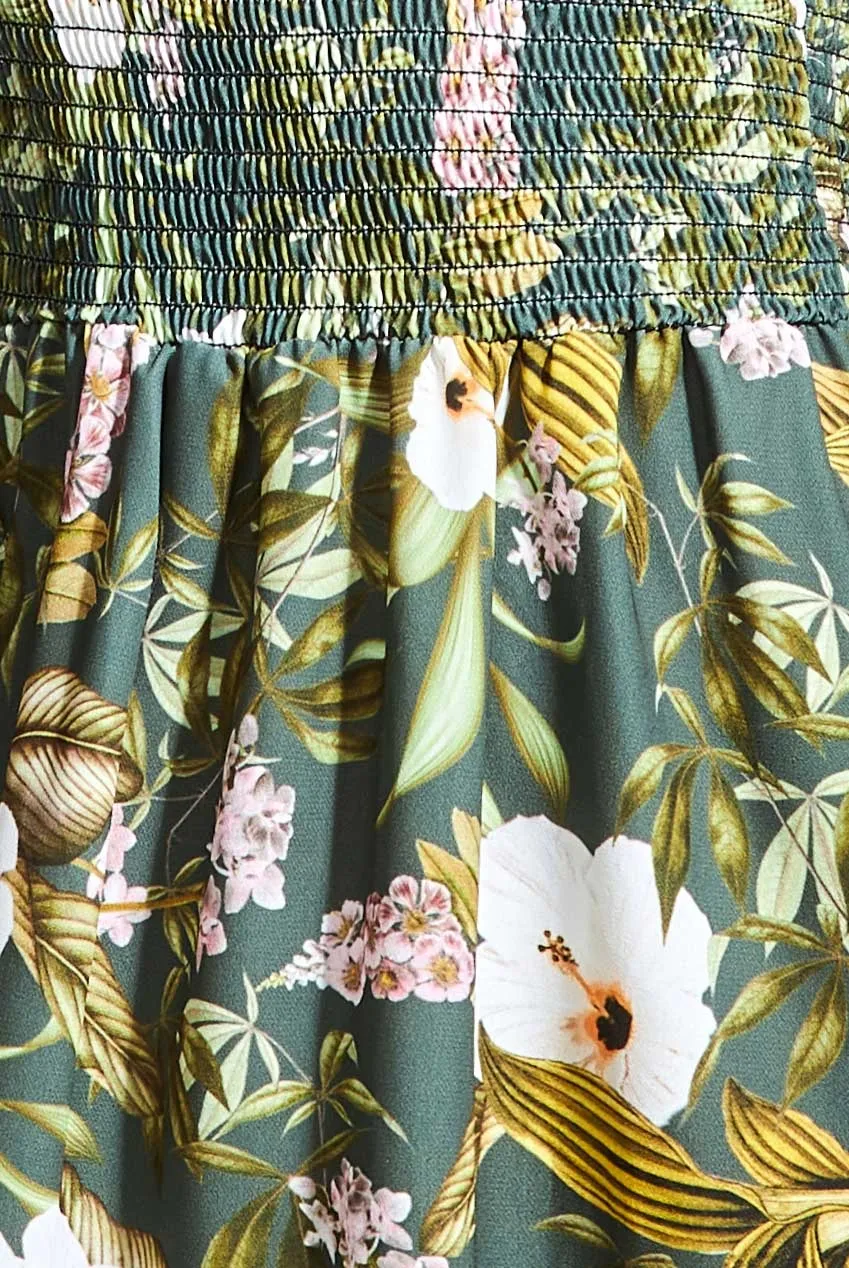 Goddiva DR3583 abito midi verde floreale spalle scoperte