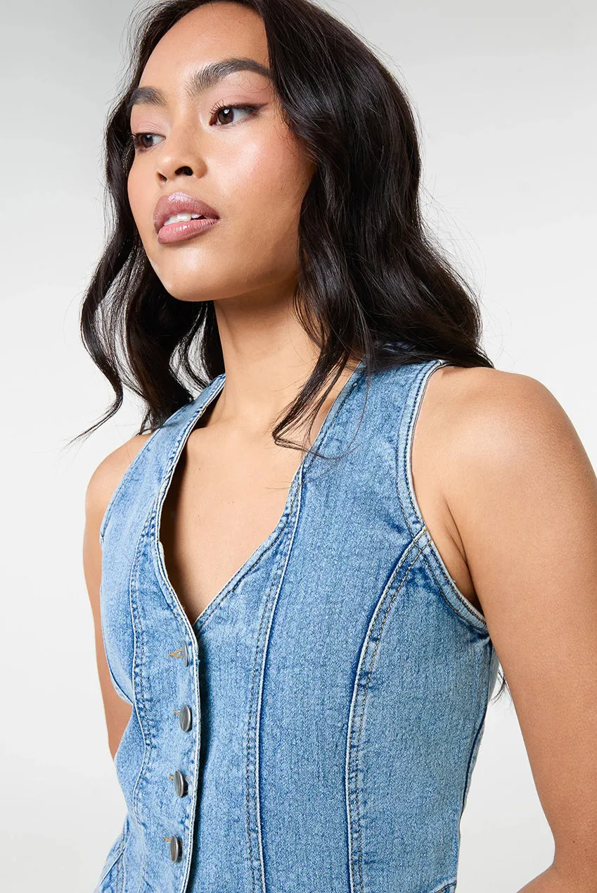 Pink Vanilla Denim gilet denim blu bottoni cotone