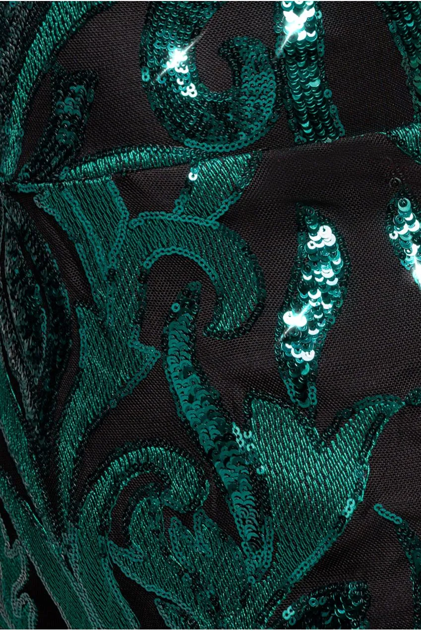 Goddiva Square Neck Scalloped Embroidered Sequin Midi abito verde